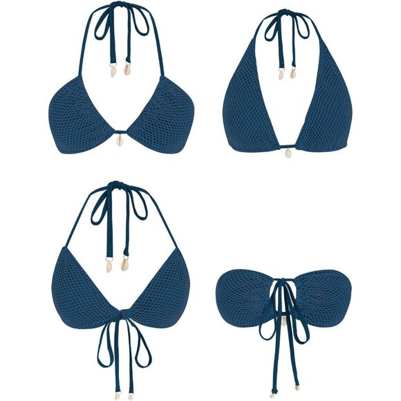 🆕Women Blue Triangle Bikini Top Fishnet Tie Back String Swimsuit Bathing Suit - Picture 2 of 4